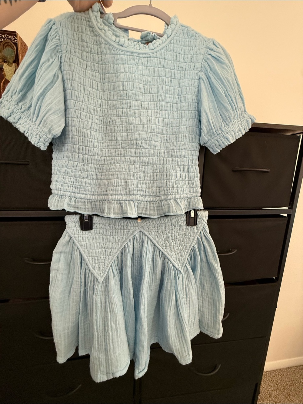 Free People Pale Blue Smocked Puff Sleeve Two-Piece Set